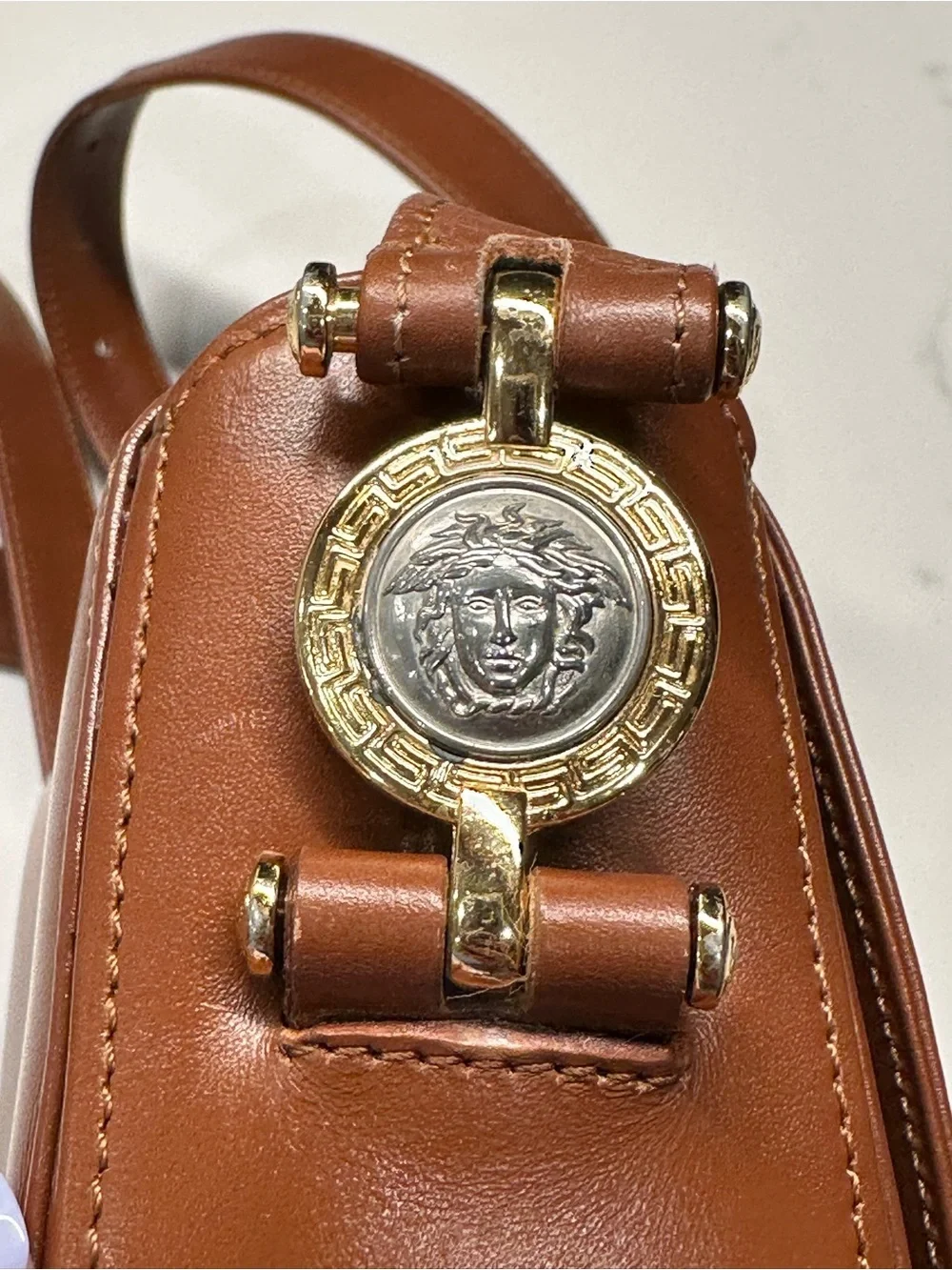 Vintage Gianni Versace Cognac Leather Crossbody with Medusa Relief